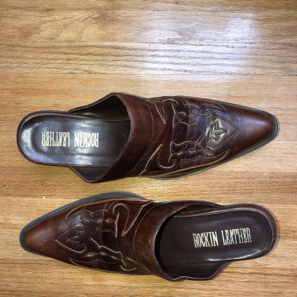 Rockin Leather Cowboy Mule Slides Handmade Sz 8 - Picture 3 of 4